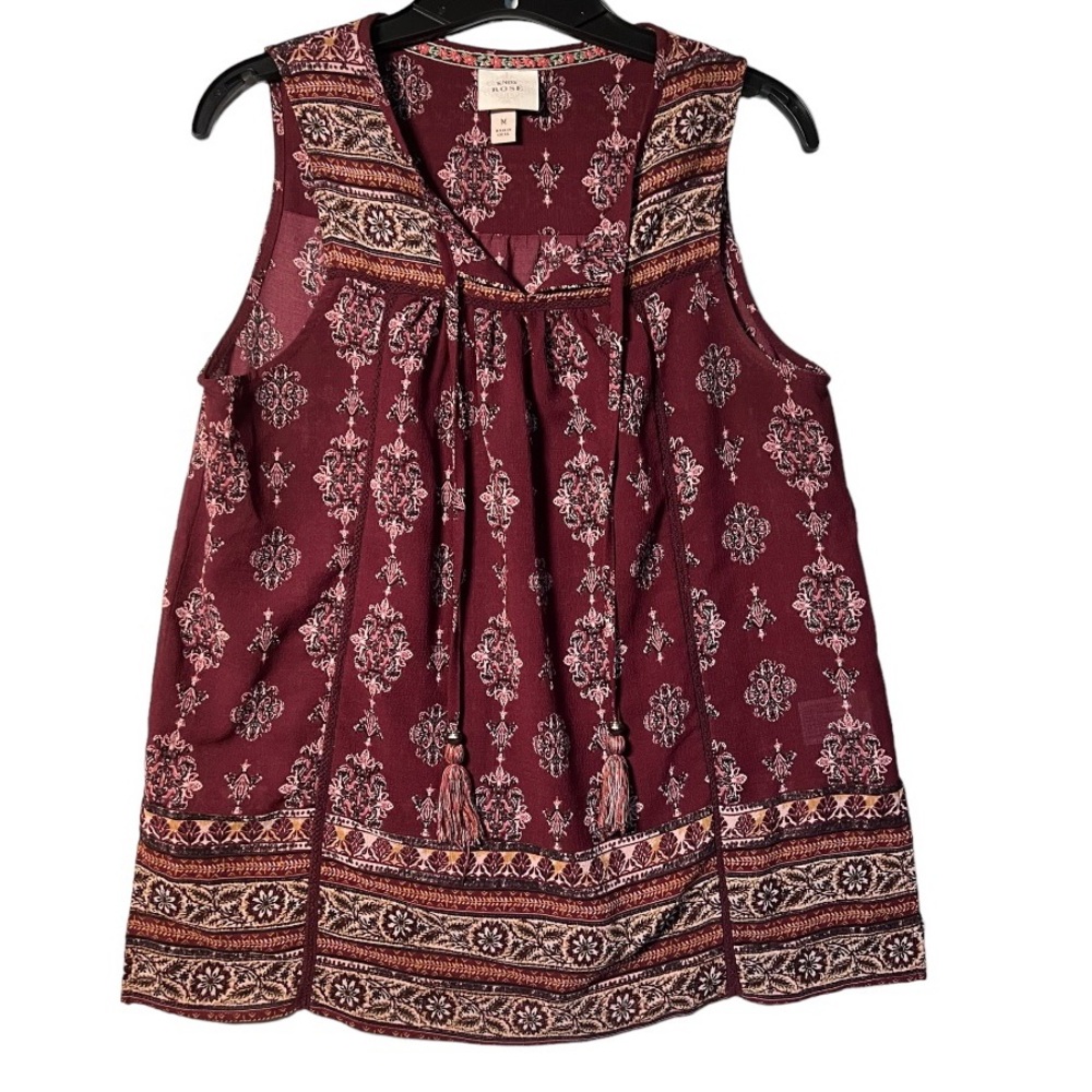 Knox Rose Sheer Women's Sleeveless Top Burgundy with Tie and Tassels Size Medium